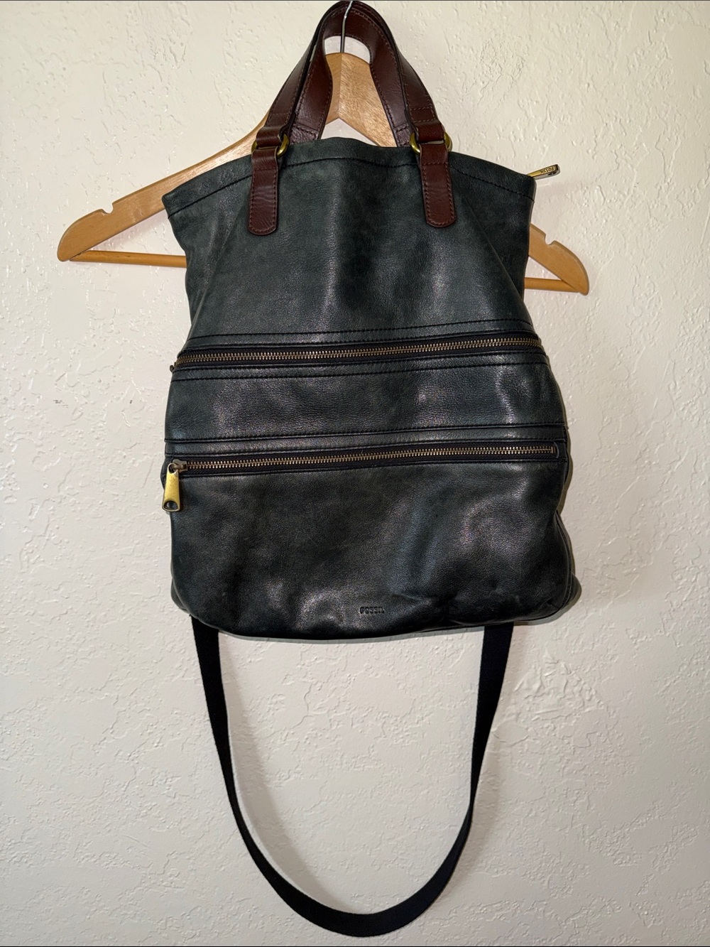 RARE Vintage Fossil Explorer Foldover Tote Crossbody Teal Green Leather Bag HTF